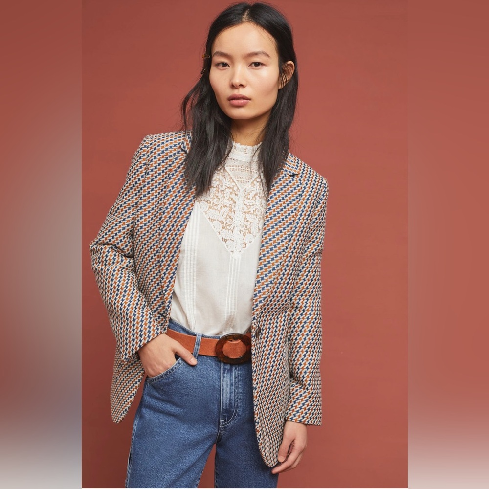 Anthropologie Vinin Blazer by Mkt Studio Size Small Brocade Navy & Orange/Gold